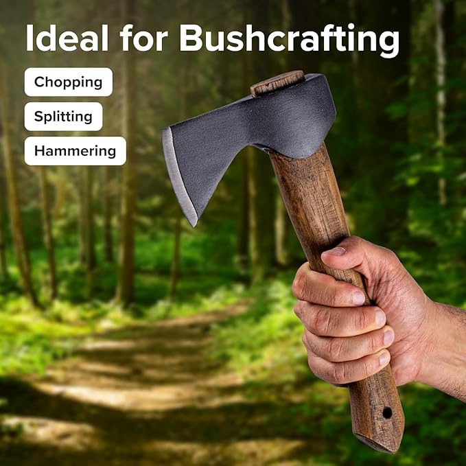 X-bet MAGNET 12 Hand-Forged Hatchet with Sheath and Sharpener - Camping Axe Bushcraft and Survival Hatchet Spring Steel Blade - Small Axe Perfect for Wood Carving Cutting Splitting and Gardening
