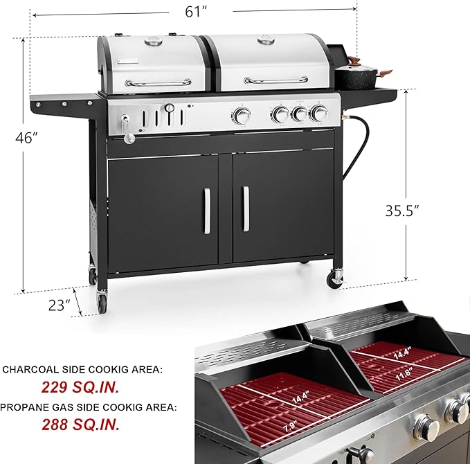 3 Burner Propane Gas and Charcoal Grill Combo with Side Burner &amp Porcelain-Enameled Cast Iron Grates 37000 BTUs 685 SQIN Dual Fuel Outdoor BBQ Grill for Patio Garden Picnic Backyard Barbecue Coo