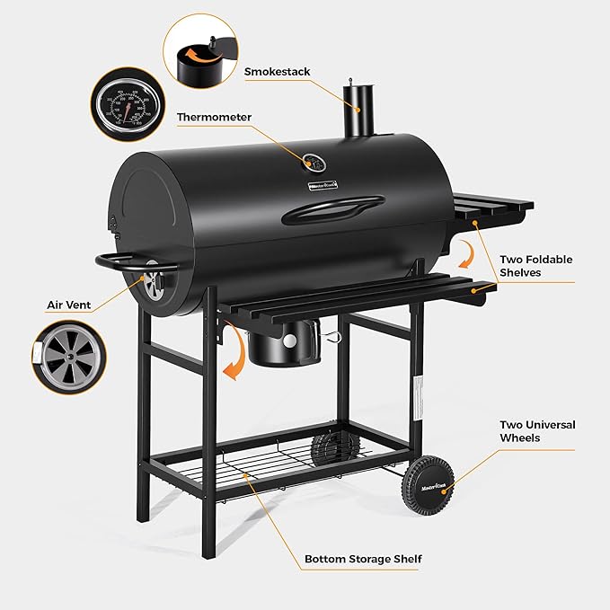 MASTER COOK Barrel Charcoal Grill with Foldable Front Shelf 686 Sq.in. Cooking Area Outdoor bbq GrillThermometer and Adjustable Air Vents for Patio PartiesBackyard Tailgating Black