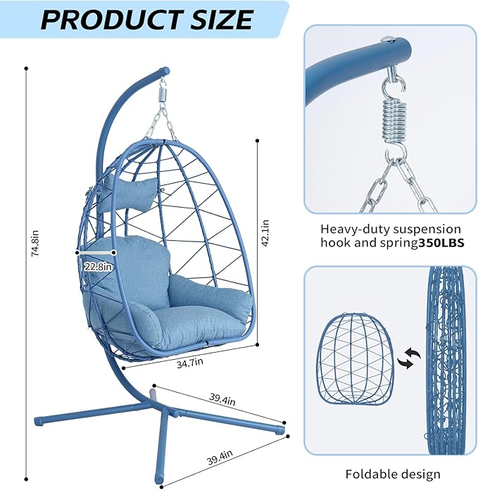 Hanging Egg Chair with Stand Outdoor Indoor Patio Rattan Swing Hammock Chairs with Washable Cushion PE Wicker Swing Chair for Backyard Bedroom Garden (Blue + Blue Cushion No Footrest)