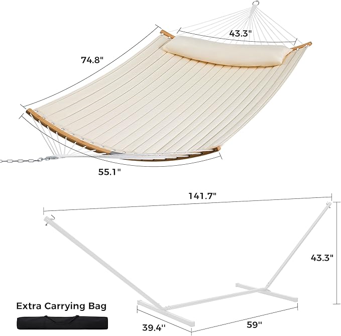SUPERJARE Hammock with Stand 2 Person Heavy Duty Hammock with Padded Cotton Detachable Pillow &amp Strong Curved-Bar &amp Portable Carrying Bag Perfect for Outdoor &amp Indoor Beige