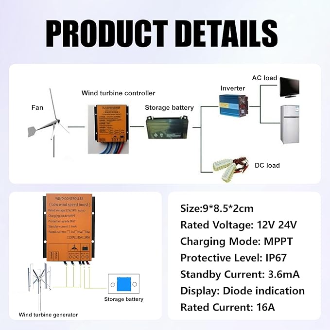 Wind Turbine Generator 12V/24V Wind Turbine Charge Controller IP67 MPPT Wind Turbine 16A 300W-1000W Step up Wind Battery Controller