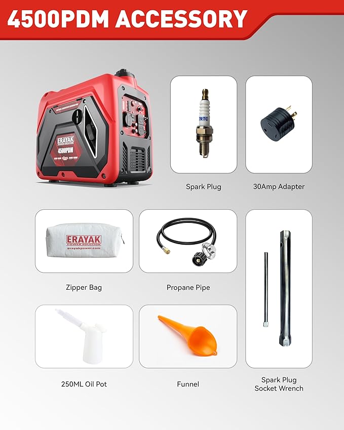 ERAYAK 4500W Dual-Fuel Portable Inverter Generator for Home Use Camping Outdoor 30A RV Ready Auto Switch Gas and Propane Powered EPA CO Sensor Parallel Ready Campact Design