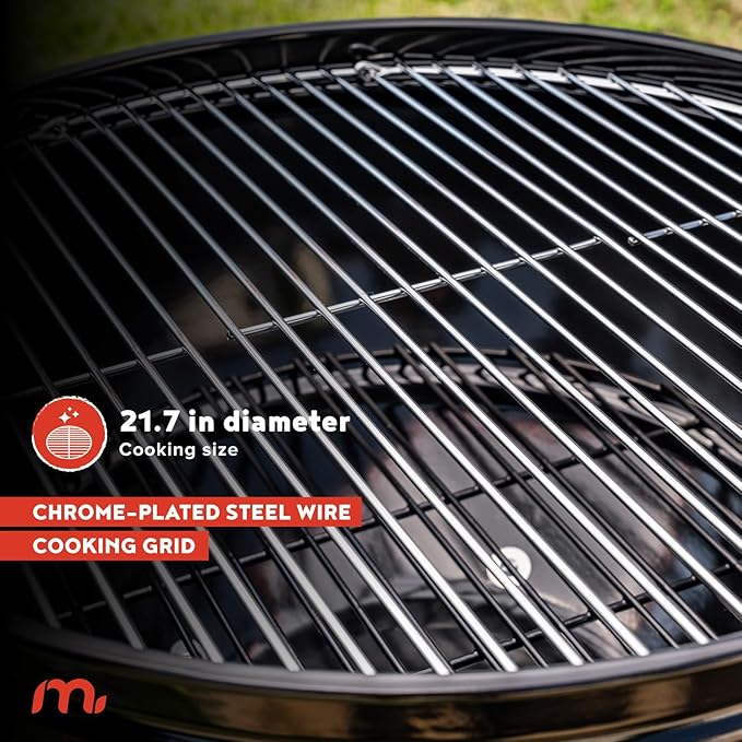 Megamaster 22 Deluxe Charcoal Barbecue Grill with Adjustable Air Vent Built-In Temperature Gauge 368 SQ. In Cooking Area Storage Rack Portable Grill for Camping Picnics and More - 810-23003