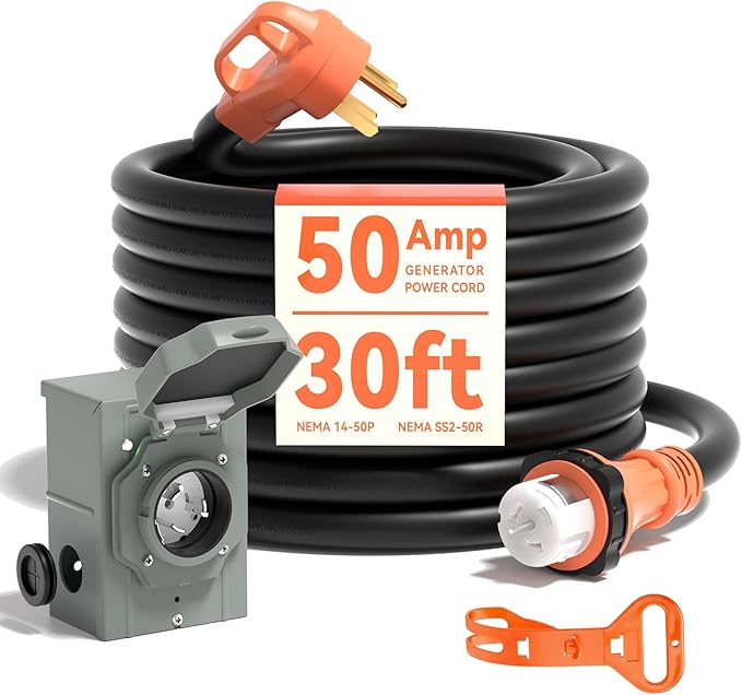 A A IN 50 Amp Generator Cord 30FT and Power Inlet Box Pre-Drilled 50 Amp Generator Inlet Box with Cord NEMA 14-50P to SS2-50R Waterproof Cable Combo Kit 125/250V ETL Listed