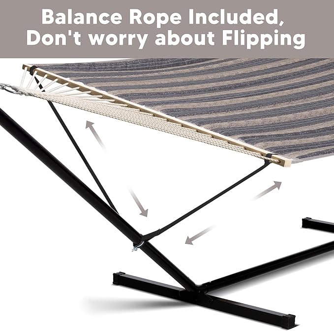 SUNCREAT Hammock with Stand 2 Person Heavy Duty Freestanding Hammock with Spreader Bar Soft Pillow Gray Stripes