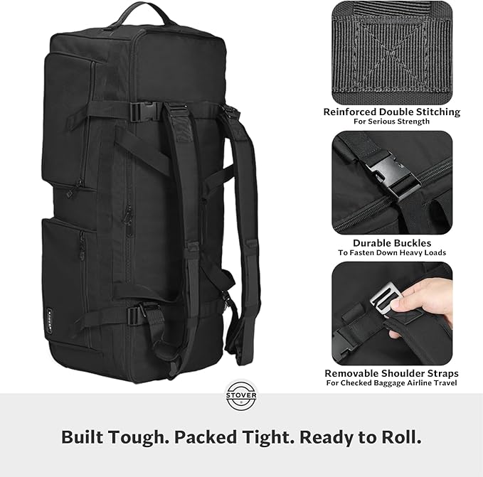 STOVER 45/80/100L U-Zip Rolling Duffel Bag with Wheels X-Large Durable Travel Duffle + Toiletry Bag Lay-Flat Opening Packable w/Shoulder Straps- Use as Luggage or Backpack Men/Women (Black)