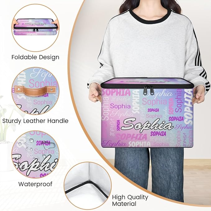 Custom Storage Bins with Zipper Lid Personalized Pink Purple Fabric Lidded Storage Baskets Boxes Foldable Cubes Clothes Organizer Container