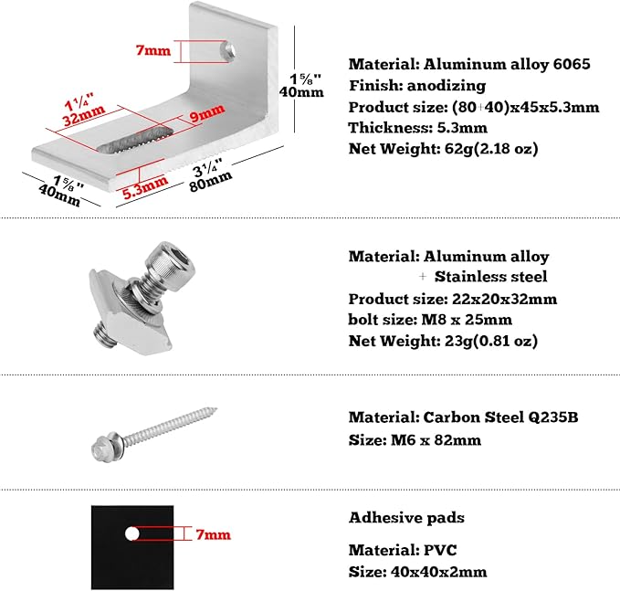 10 Pcs Solar Panel Mounting L BracketThick 5.3mm Aluminum Alloy Support Hardwarefor RV Boat Off Grid Roof Solar Panel Motor Home Roof