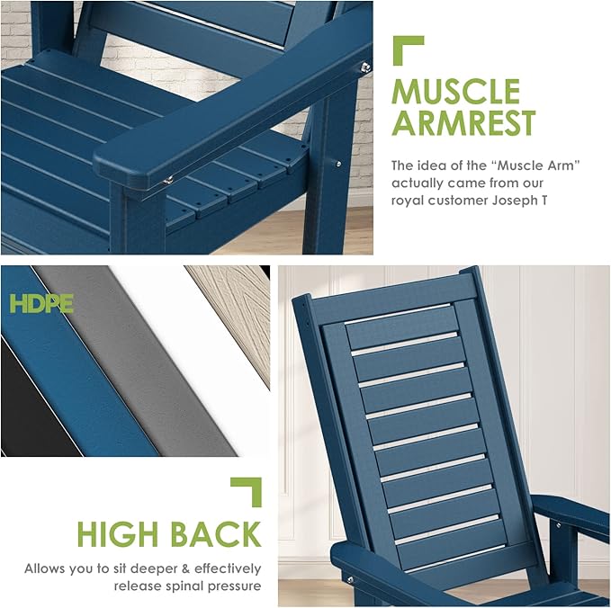 GREENVINES Outdoor Rocking Chairs | Set of 2 | Porch Rocker | HDPE Plastic | Blue | Oversized Rockers | High Back | Big &amp Tall | Ladder Back | for Patio Outside Backyard Balcony Garden