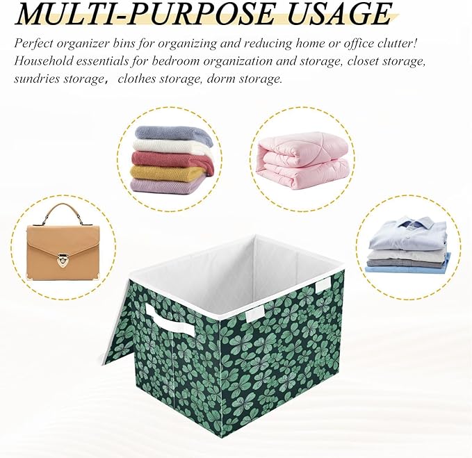 Shamrock Storage Baskets with Lids Collapsible Bins Stackable Fabric Linen Baskets St. Patrick's Day Closet Organizer Container 16.5x12.6x11.8