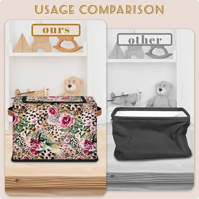 Clothes Storage Bins with Metal Frame Leopard Print Flower Storage Boxes with Zipper Lids Collapsible Cube Clothing Storage Bag with Leather Handle Closet Clothes Organizer Container