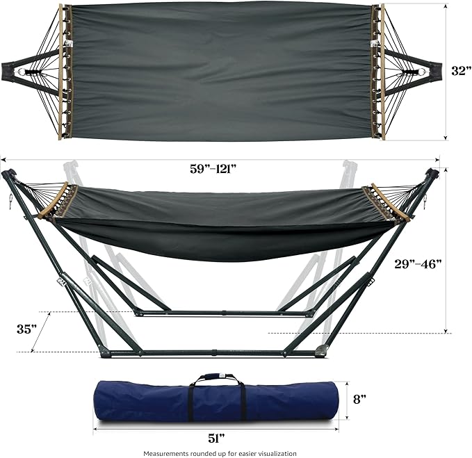 Tranquillo Universal Hammock with Stands Electro Static Coated Steel Adjustable Foldable Hammock Stand with 2 Layered Polyester Net and Carry Bag for 2 Persons (Canvas - Grey)