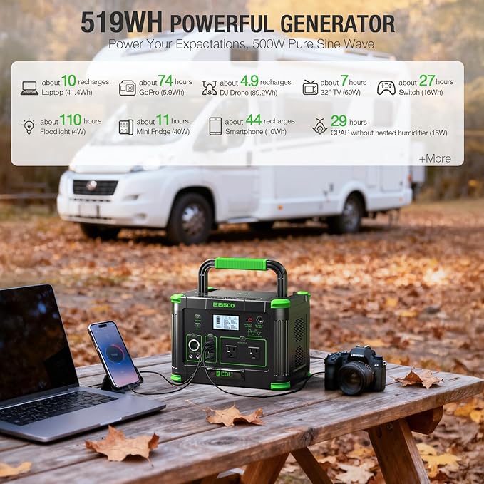 EBL Portable Power Station 500w(Peak 1000W) Camping Solar 519Wh Outdoor Solar Generator Backup Battery Pack with 2 110V AC Outlets 10-Port Powerhouse for Outdoor and Indoor Emergency Use