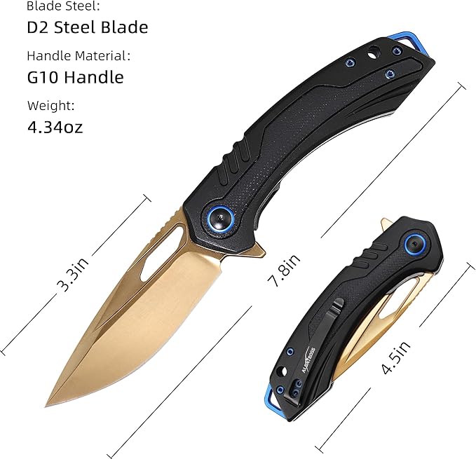 Unique Valentine‘s Gift Gold Blade Pocket Knife 3.3” Gold D2 Steel Black Aluminum &amp G10 Handle Fast-Open Thumb Hole Gift Case
