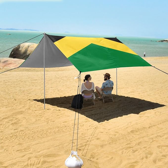 Jamaica Flag Beach Tent UPF50+ Protection Easy Setup Shade Sun Shelter with Sandbags Sand Shovel Poles for Backyard and Camping