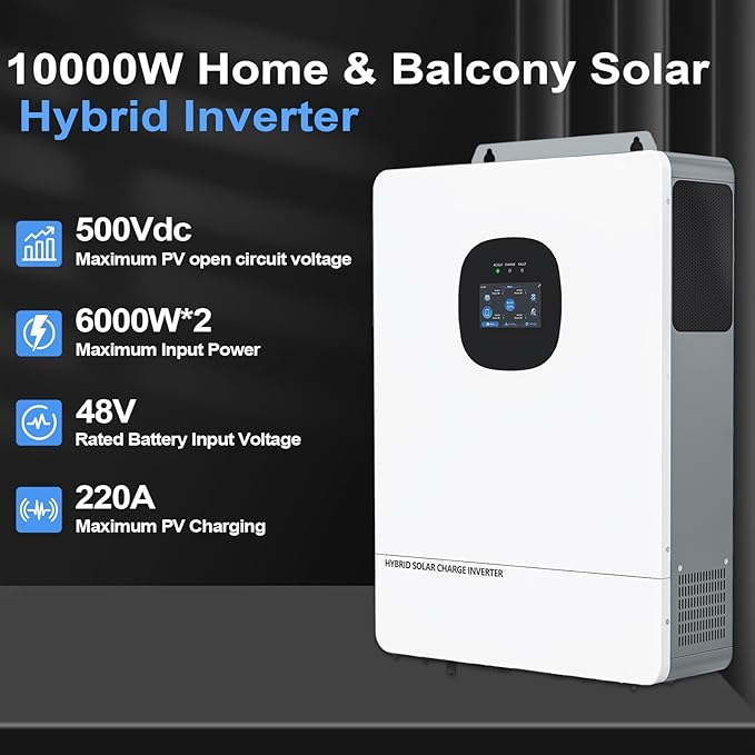 10000W 48V All-in-One Solar Hybrid Inverter UL 20KW Peak Pure Sine Wave 48V DC 120V/240V Single&ampSplit-Phase Dual MPPT 6 Parallel Battery-Free UPS WiFi Lead-Acid/Lithium Off-Grid Home &amp