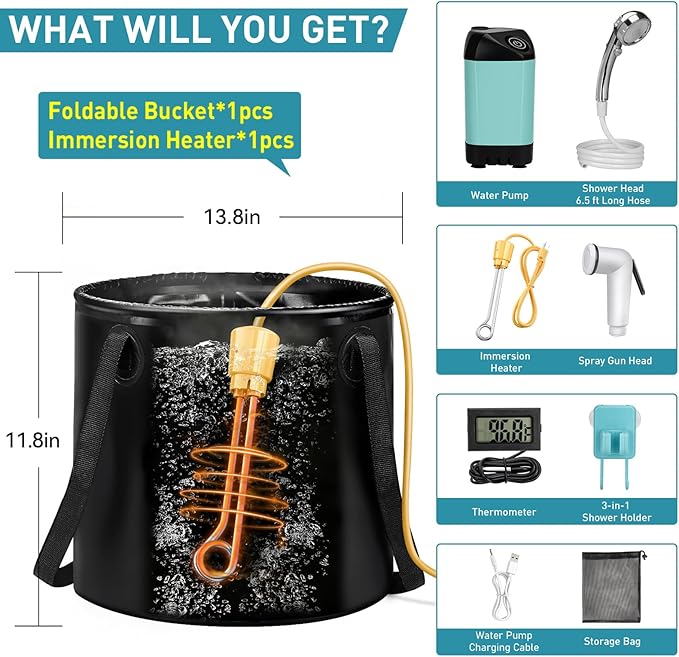 Portable Hot Shower for Camping Shower Tent Kit 1000W Immersion Heater Rechargeable Camping Shower Pump Pop Up Shower Tent with 6.6 Gallons Folding Bucket for Adults Outdoor