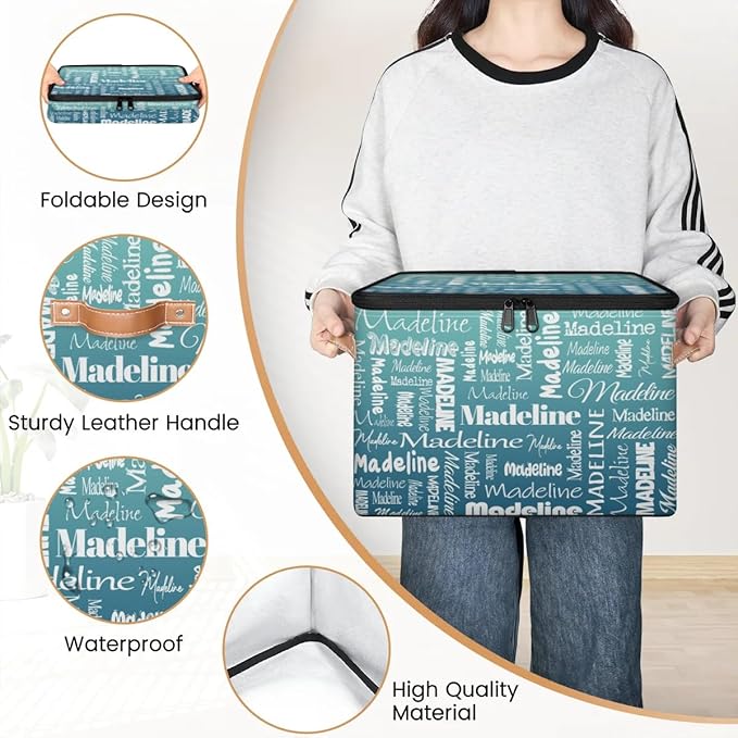 Custom Storage Basket with Name Personalized Keepsake Box with Zipper Lid Foldable Fabric Memory Bin Large capacity with Handle Gradient Grey Green