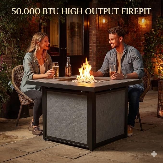 Grand Patio Outdoor Gas Fire Pit Table 32-Inch Square Propane Gas Fire Pit with CSA Safety Approval 50000 BTU Heat Sling Base Ceramic Tile Top and Lava Rock for Garden Backyard and Deck Parties
