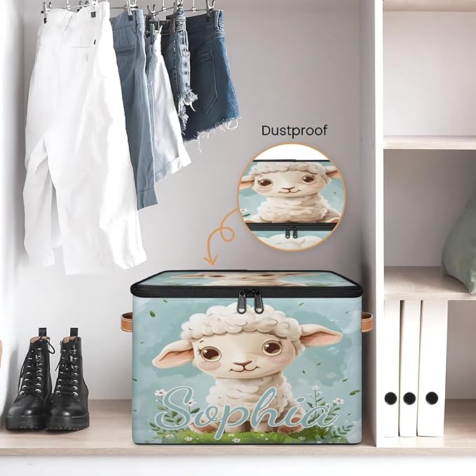 Custom Storage Basket with Name Personalized Storage Bins with Zipper Lid Foldable Fabric Storage Box Large capacity with Handle Flower Sheep