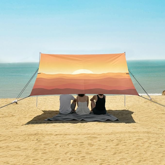 xigua Sunset Beach Tent Sun Shelter with Carrying Bag - Silver Coated Oxford Fabric Beach Canopy for Beach Camping Fishing - Includes Windproof Ropes Sandbags &amp Stakes