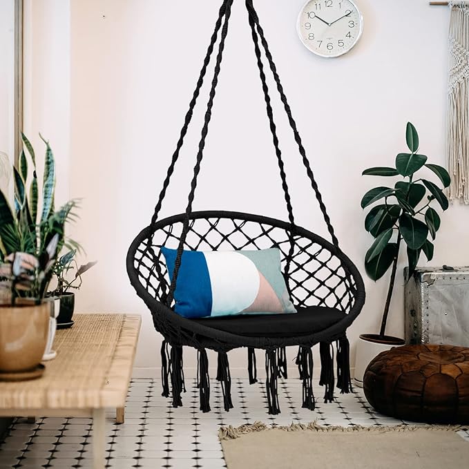 Giantex Hammock Chair Macrame Swing - Hanging Chair with Cushion and Hardware Kit 330 LBS Weight Capacity Indoor Swing for Hammock Stand Patio Balcony Living Room Hammock Swing (Black)