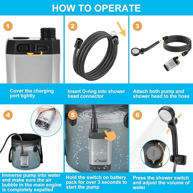 WADEO Portable Shower for Camping 6000mAh Outdoor Electric Shower Rechargeable Pump with Intelligent Digital Display Camping Shower Head Nozzle for Camping Hiking Traveling Washing