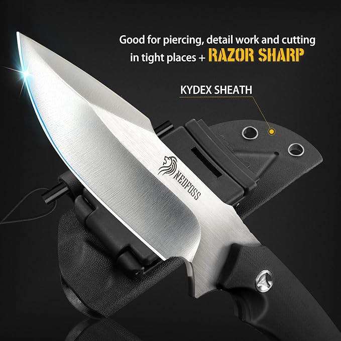 NedFoss Survival Knife with Fire Starter and Kydex Sheath 9.25 Full Tang Fixed Blade Camping Knife with Sheath Horizontal &amp Vertical Bushcraft Knife with G10 Handle for Outdoor Hunting Fishin