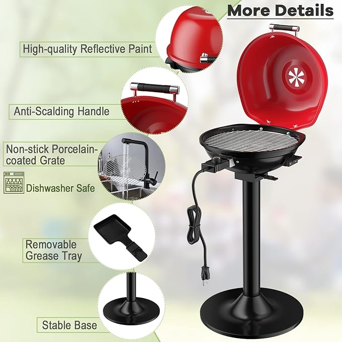 1600W Electric Grill Outdoor 15-Serving Freestanding Camping Grill w/Removable Non-Stick Grilling Rack Oil Drip Tray Temperature Adjustable Portable BBQ Grill for Patio Backyard (Red)