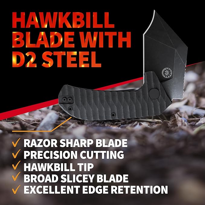 Off-Grid Knives - Raptor EDC Folding Knife with Tumbled Black D2 Steel Grippy G10 Bearings Deep Carry Left &amp Right Hawkbill Tip Stout Everyday Carry