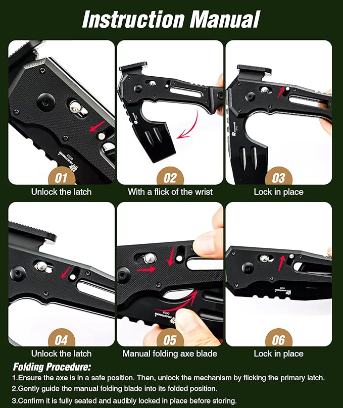 HX OUTDOORS Folding Tactical Axe Survival Multitool DC53 Steel Blade with Black Titanium Camping Axe with Hammer &amp Bottle Opener G10 Handle for Outdoor Gear Tactical and Survival scenarios(Bla