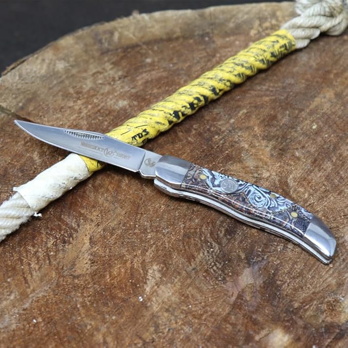 WHISKEY BENT HAT CO. Mini Hunter Folding Pocket Knife 2.75 Closed Length 440C Stainless Steel Blade (Tooled Country)