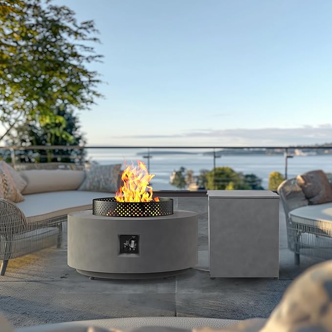 32 Inch Fire Pit Table 3-Piece Outdoor Propane Fire Pit Table 65000 BTU Round Gas Firepit Wind Guard 16 inches Tank Side Table and Baking Sheet for Garden Patio Grey