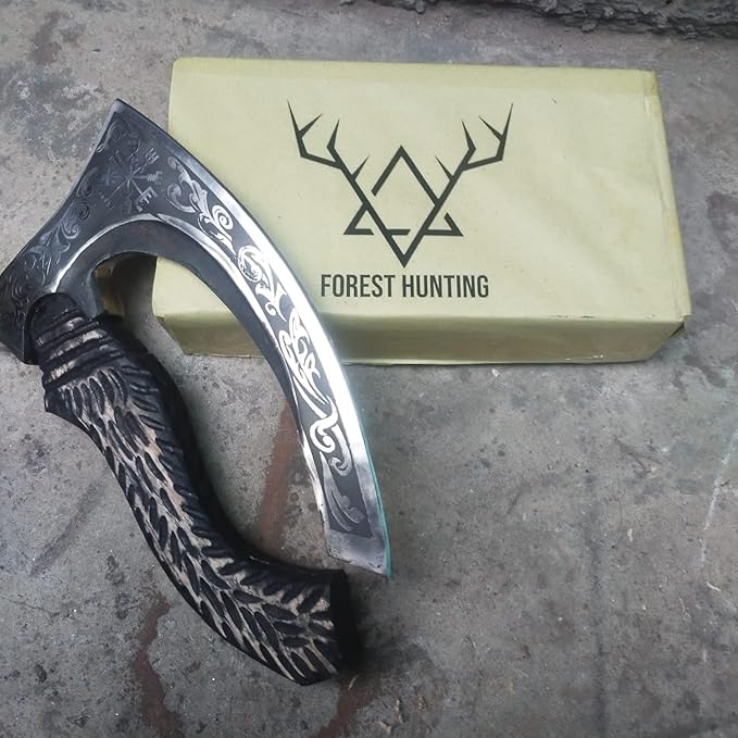 Forest Hunting/Viking Steel Pizza Axe Authentic Medieval Pizza Cutter Axe Hand forged ax Rocking Pizza Gift Knife with leather sheath (Etching FH2022)