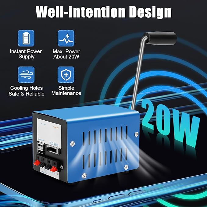 20W Hand Crank Generator High Power 3V-15V Portable Emergency USB Charger Generator for Outdoor Camping Travel Survival Activities