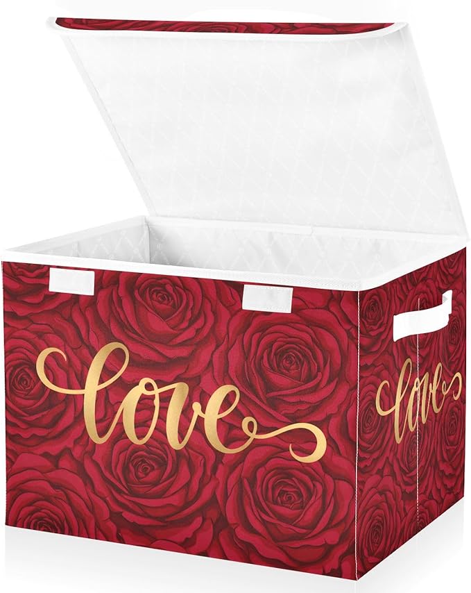 senya Valentines Baskets Collapsible Storage Bins with Lids Love on Romantic Rose Storage Boxes Clothes Baskets for Organizing