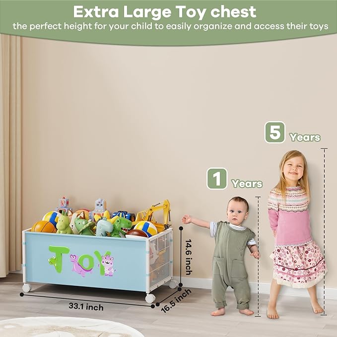 Large Toy Box with Wheels 120L Toy Boxes for Extra Large Metal &amp Oxford Cloth Toy Chest Toy Organizer with Wooden Handle for Bedroom Living Room Area Stuffed Toys Clothes(Blue 1PC)