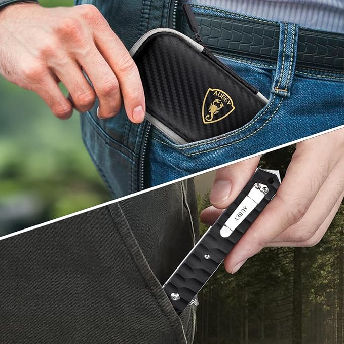 AUBEY Damascus Pocket Knife with Clip Tanto Blade Damascus Steel Folding Knives for Men Tactical Aluminum Handle with Glass Breaker for EDC Camping Gift