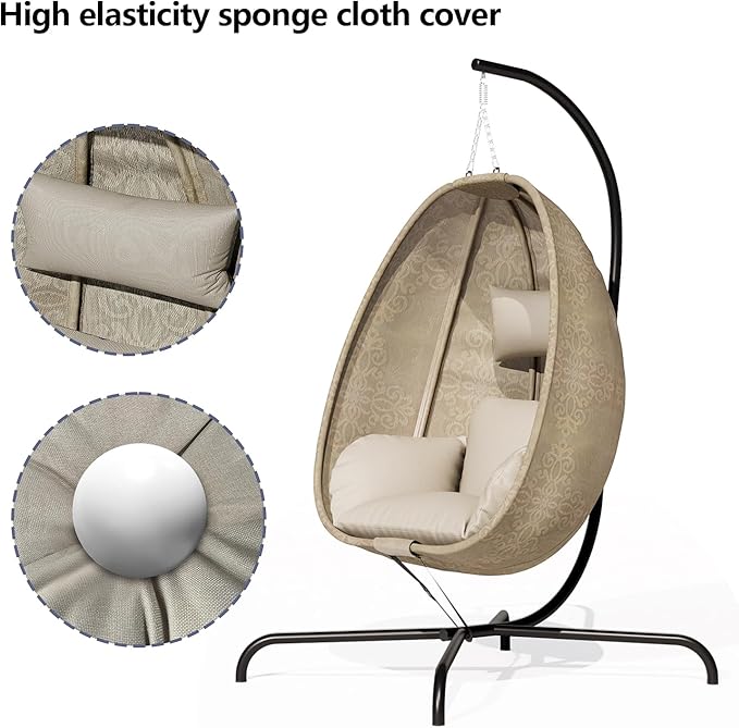 ALAULM Foldable Egg Chair with Stand 485LBS Capacity Textilene Hammock Swing Chair for Outdoor &amp Indoor Patio Hanging Chair with Strong Frame &amp UV Resistant Cushion for Balcony Bedroom Cre