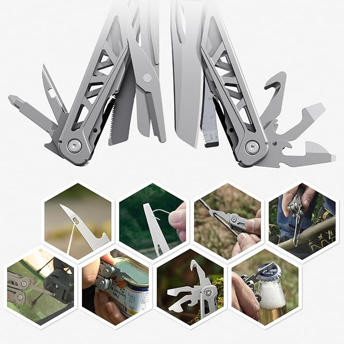 Multitool 17-in-1 Stainless Steel Multi Tool Pliers with Self-Locking Pocket Knife Nylon Sheath Professional (EDC) Multi-Tool for Survival Camping and Hunting Hiking Gifts for Men