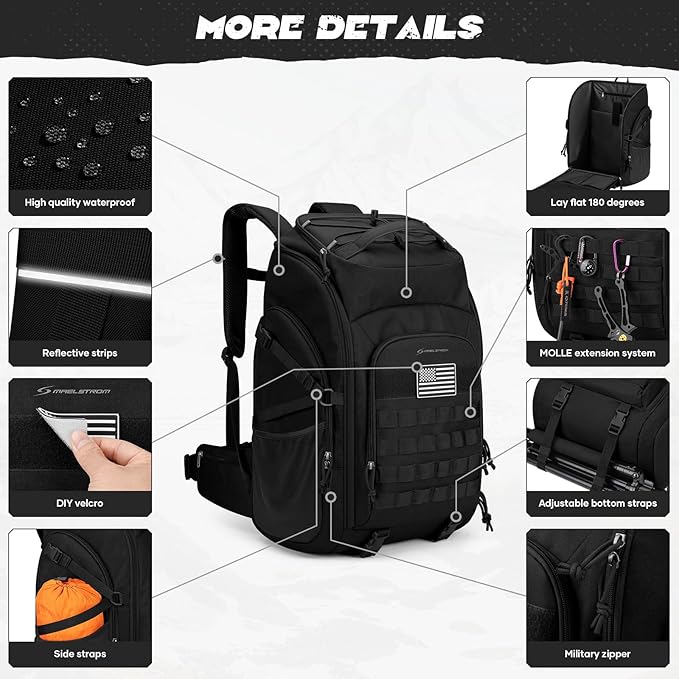 Maelstrom Tactical Backpack for Men Water Resistant 40L Military Backpack for Hiking Camping Gym with Molle System (Black)