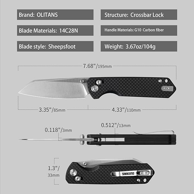 OLITANS G062 Folding Knife for EDC 14C28N Steel Blade Pocket knife Crossbar Lock Knife for Outdoor Survival Hunting and Camping 3.28oz（G10 Carbon Fiber+Satin）