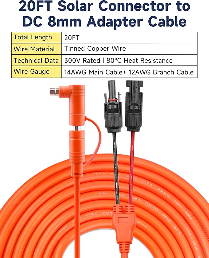 20FT Solar Connector to DC 8mm Adapter Cable 12AWG+14AWG Tinned Copper - DC7909/DC8020 Charging Cable for Portable Power Station Solar Panel RV