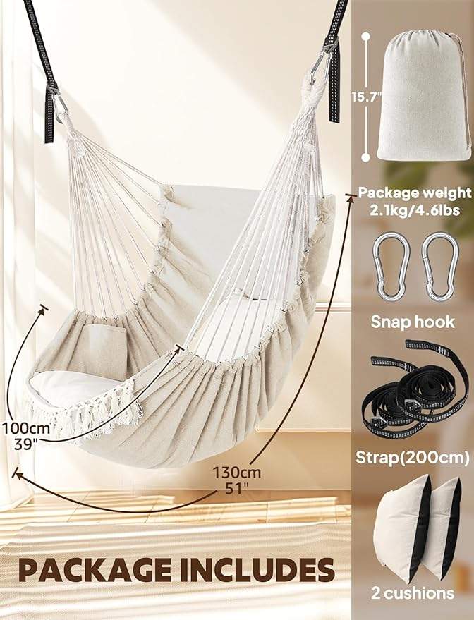 Chihee Hammock Chair Hanging Swing 2 Pillows IncludedStrong Webbing Straps and Hooks for Easy Hanging Soft Cotton Hanging Chair Side Pocket Tassel Chair Comfort Indoor Outdoor