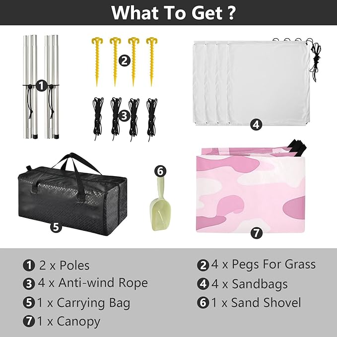 Silver Gray Foldable Beach Canopy UPF50 Lightweight Portable Sun Shelter with Sandbags Sand Shovel Poles for Camping Picnics Backyard