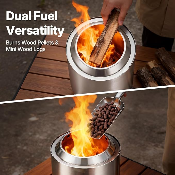 7 Inch Tabletop Fire Pit Smokeless Mini Firepit with Stand Portable Wood &amp Pellet Firepit for Camping Indoor &amp Outdoor &amp Backyard Forks Spoon &amp Travel Bag Included Stainless Stee