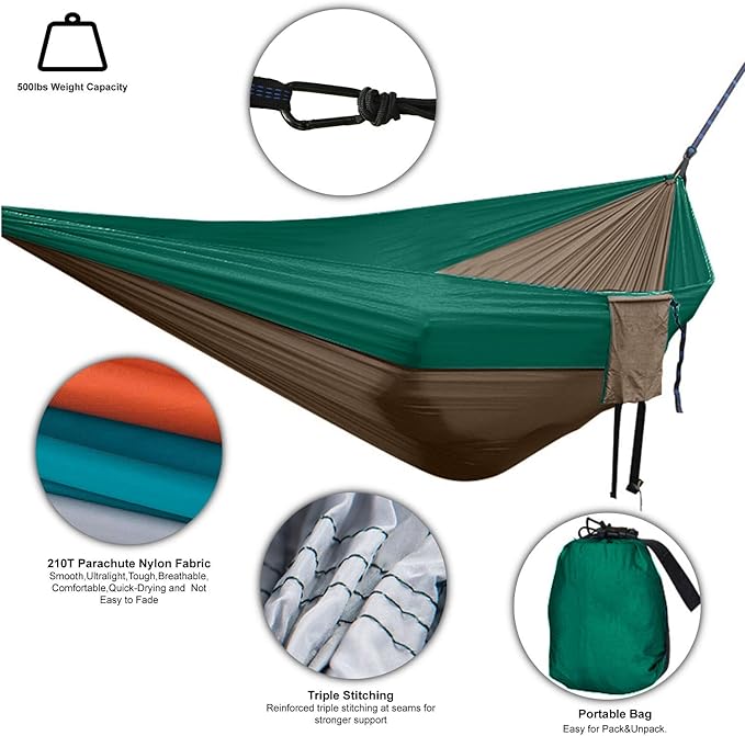 Double Camping Hammock Portable Indoor Outdoor Tree Hammock with 2 Hanging StrapsLightweight Nylon Parachute Hammocks for Backpacking Travel(Forest Green/Camel)