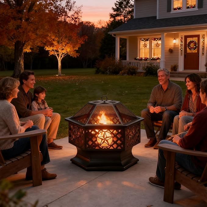 Panovue 28 Inch Hexagonal Fire PitWood Burning Firepits for Outside with Spark Screen&ampPokerMetal Hex-Shaped Outdoor Fire Pit for OutsideBackyardBonfirePatioGardenPicnic and Camping（Black）