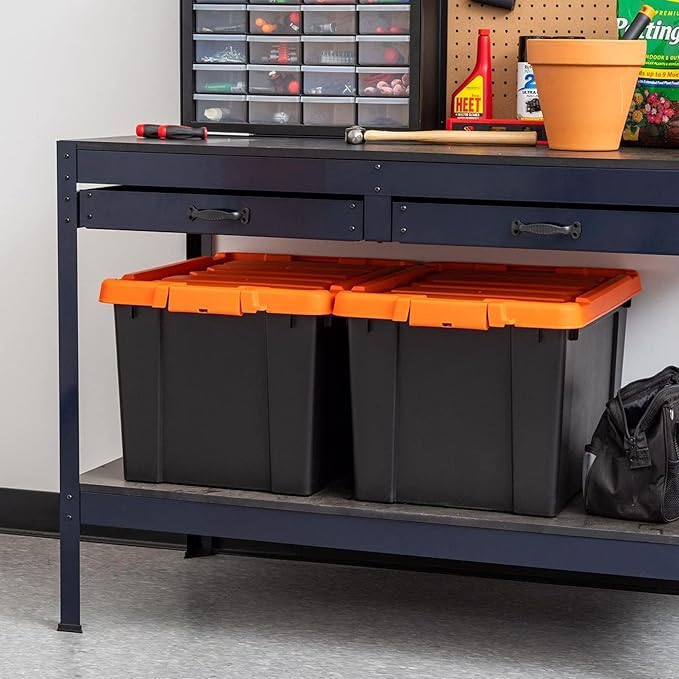 IRIS USA 20 Gallon Lockable Storage Bins with Lids 2 Pack - Made in USA Heavy Duty Stackable Containers Garage Organizing Bins Moving Tubs Rugged Sturdy Equipment Utility Box - Black/Orange